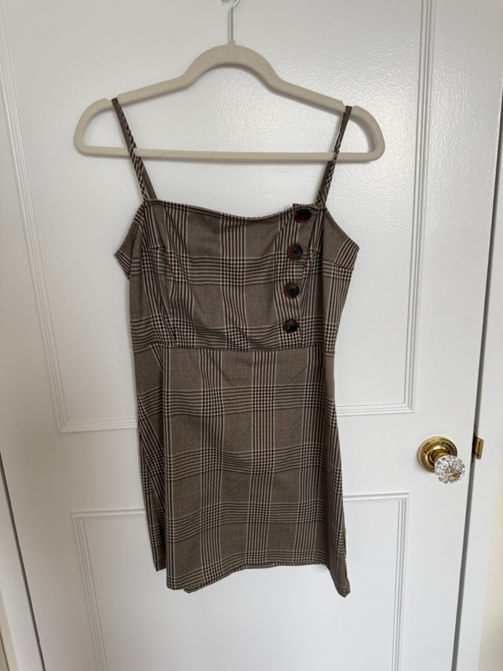 Brown Plaid Button-Accent Spaghetti Strap Dress